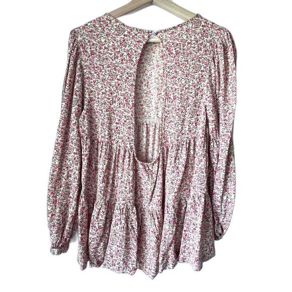Romantic floral long sleeve fresh color open back blouse button top women XS - Picture 5 of 10